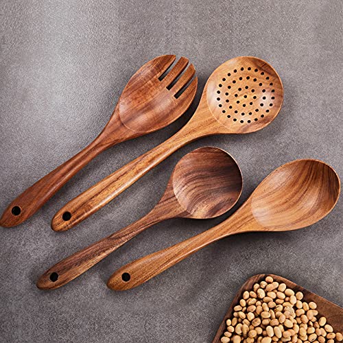 Wooden Kitchen Utensils Set,GUDAMAYE 9 PCE Natural Teak Wooden Spoons For Non-stick Pan for Cooking, - size: 9 PCS