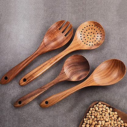 Wooden Kitchen Utensils Set,GUDAMAYE 9 PCE Natural Teak Wooden Spoons For Non-stick Pan for Cooking, - size: 9 PCS