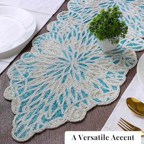 Beaded Table Runner, Sky Blue White, 36x13 | Glass beads on polyester backing, 36x13 in, coastal style, weddings, holidays, farmhouse dining tables - color: Sapphire Salt, size: 36"x13"