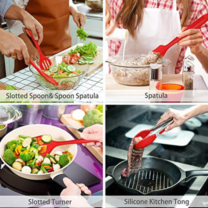 P&P CHEF Kitchen Utensils Silicone Cooking Utensil Set, 28Pcs Baking Utensils Spatulas with Holder, Heat-resistant & Non Toxic, Non-stick & Dishwasher Safe, Red - color: Red