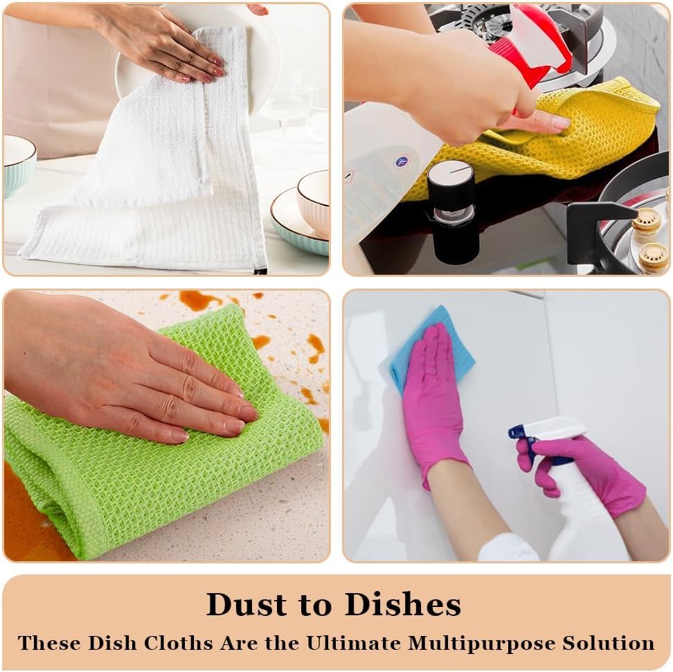 DishCloths Kitchen|Waffle Terry Weave Hand Towels|Cotton 12"x12" Reusable Dish Rags Washing Scrub Cleaning Dishes|Dish Bar Mop Towels Hand Wipes| washcloth |12 Pc Set-White