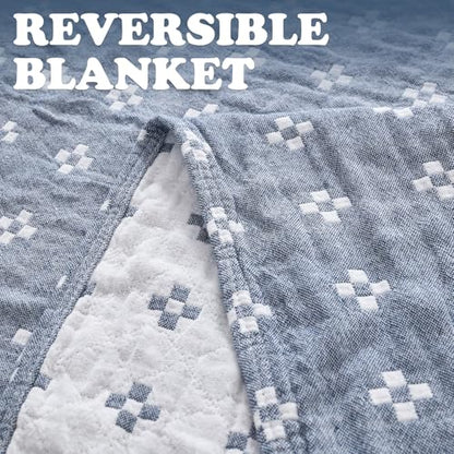 jinchan 100% Cotton Muslin Blanket Twin Boho Throw Blanket 60x80 Denim Blue | 3-Layer, Geometric Cross Quilt, Cooling Breathable Lightweight, for Adult, Soft, Reversible, Summer, Couch, Sofa, Bedroom - color: B. Cross Blue, size: 60"x80"