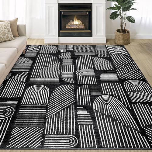 5x7 Area Rugs Washable Low Pile Non Slip Mid Century Modern Large | Machine Washable Throw Carpet for Living Room Bedroom Office Dining Room Indoor Boho Abstract Black and White - color: Black and White, size: 5' x 7' (Rectangular)