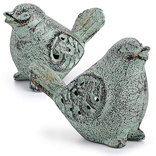 OwnMy 2 Cast Iron Green Bird Sculptures Outdoor Indoor Small Birds Statues | Cast Iron Bird Bath Decors for Outside, Hollow Carved Bird Figurines Ornaments, Decorative Animal Figurines for Garden Patio