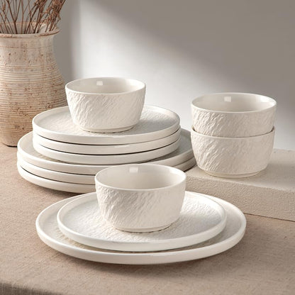 4-piece set, ceramic, embossed stone design plate and bowl set, microwave and dishwasher compatible tableware set, shatterproof and scratch resistant dinner set, irregular edge design, white - color: style - 9
