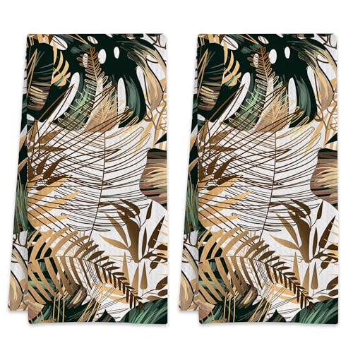 Golden and Green Tropical Leaves Hand Towels for Bathroom Set of 2,Absorbent Waffle Weave Kitchen Towels,Decorative Modern Bathroom Towel for Bath,Guest,Shower 16 X 24 Inch - color: Golden and Green Tropical Leaves