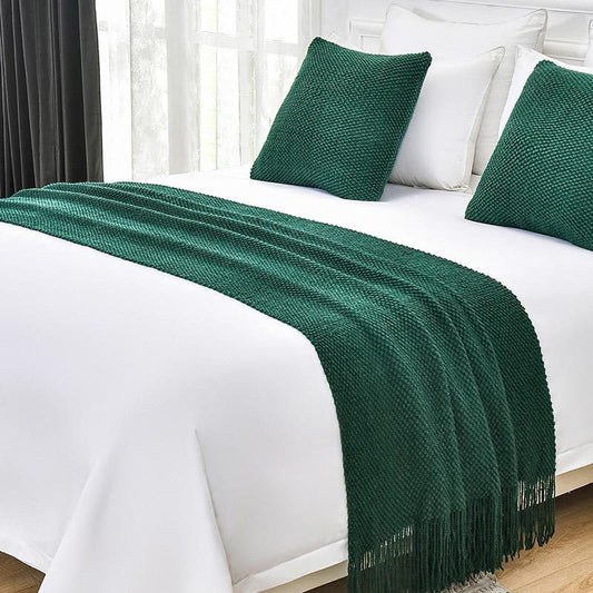 Cotton Knit Bed Runners King Size,Decorative Boho Bed Scarf with Tassel,Soft Solid Color Woven Beds Throw Blanket for Bedroom Home Hotel (Dark Green 45x45cm/only Pillowcase) - color: Dark Green, size: 45x45cm/only pillowcase