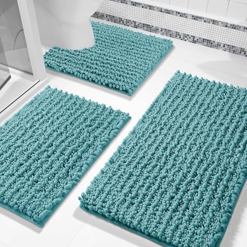 Yimobra Bathroom Rug Set 3 Piece - Super Absorbent Quick Dry Chenille Bath Mats & Toilet Rug, Non Slip Machine Washable, Extra Thick Shaggy Floor Mat for Shower Tub Sink, Teal Blue - color: Teal Blue, size: 24"x17" + 24"x20" + 30"x20"