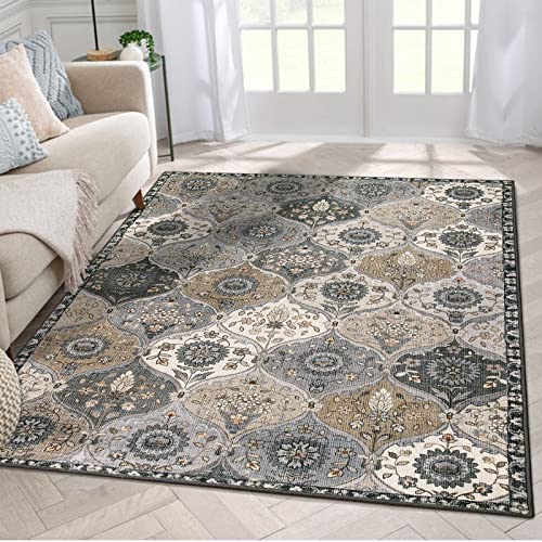 Lahome Moroccan Washable Living Room Rug, 5x8 Rugs for Bedroom Dining Room | Soft Non-Slip Non Shedding Boho Distressed Throw Carpet for Nursery Office Elise, Grey - color: Dusty Grey Beige, size: 5' X 8' (Rectangular)