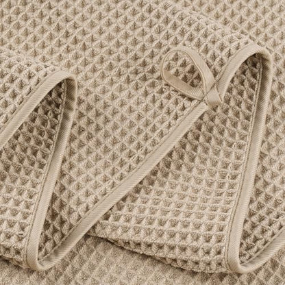 POLYTE 430 GSM Poly Blend Microfiber Quick Dry Waffle Bath Towel Set of 6 | 2-Body Towels, 2-Hand Towels, 2-Wash cloths, Oversize, Lint Free - color: Beige
