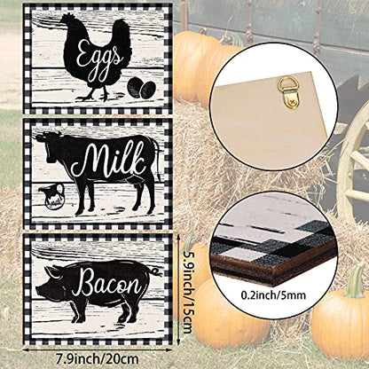Jetec 3 Pieces Wooden Farmhouse Wall Decor Cow Pig Chicken Kitchen Signs Rustic Black and White Buffalo Plaid Wall Art Farm Animal Plaque for Kitchen Home Decor, 7.9 x 5.9 Inch - size: 7.9 x 5.9 Inch