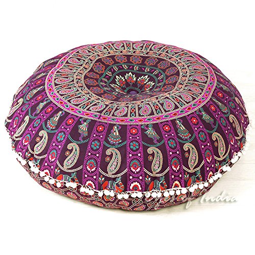 32" Purple Burgundy Floor Meditation Pillow Cushion Seating Throw Cover Mandala Hippie Round Colorful Decorative Bohemian Accent Boho Chic Dog Bed Indian Handmade Cover ONLY - color: L1 Purple, size: 32" x 32" (Pack of 1)