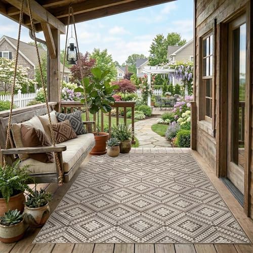 jinchan 5x7 Faux Jute Area Rug Washable Vintage Tile-Inspired, Stone Taupe | Vintage Geometric, Non-Slip, Low Pile, Indoor Outdoor, Natural Fiber Look, Living Room, Dining Room, Backyard, Bedroom, Patio - color: Stone Taupe, size: 5' x 7' (Rectangular)