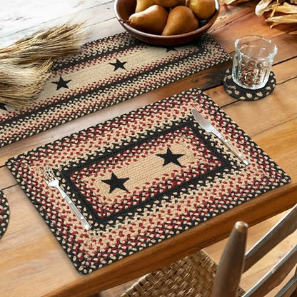 Homespice Gloucester Jute Braided Placemats, Rect 13x19 Set of 6 | Black and Red Everyday and Holiday Table Mats, Rich Colors, Reversible, Durable and Easy to Clean - color: Primitive Star Gloucester