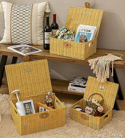 Wicker Storage Baskets with Lids, Set of 3 Decorative Storage Boxes For Organizing, Woven Baskets with Leather Lock and Handles (Beige)