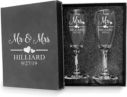 Mr and Mrs Wedding Toasting Champagne Flutes with Box, Set of 2 Glasses With Black Box, Laser engraved Tosting Flutes Engraved Personalized Glasses for Bride and Groom - color: Wedding-13, style: Glasses + Gift Box