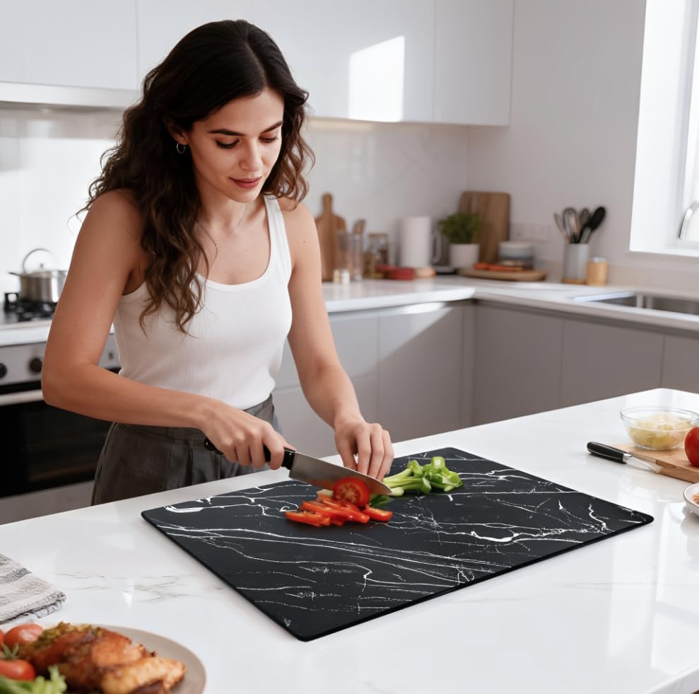 Murrey Home Glass Cutting Board for Kitchen Counter, Tempered Glass Chopping Boards Dishwasher Safe, Small Clear Countertop Tray, Scratch Resistant, Heat Resistant, Non Toxic, Black Marble, 16"x12" - color: Textured Black Marble, size: 15.7"L x 11.8"W