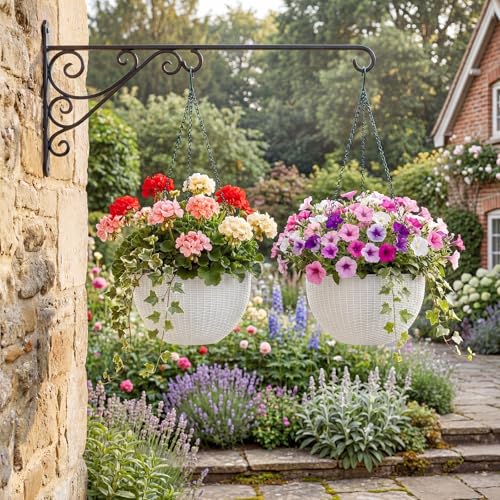 13.8 Inch Self Watering Hanging Planter, 2PCS Round Resin Hanging Basket for Indoor Outdoor Plants, Rattan Look Flower Pot with Drainage Plug, Deep Inner Pot and Sturdy Metal Triple-Chain Hanger - color: White