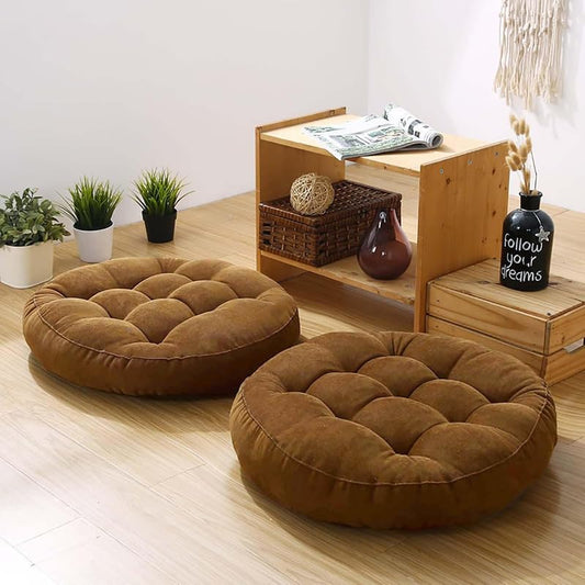 Meditation Floor Pillow Set of 2 Large Round Floor Cushions for Adults Tufted Corduroy Floor Seat Pillows Cushion for Living Room,Brown 16.5" Lx16.5 Wx3 H - color: Brown, size: 16.5"Lx16.5"Wx3"H