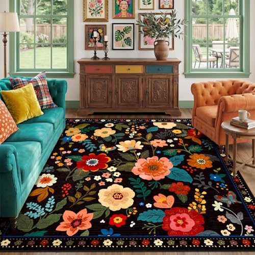 RELEANY Floral Washable Square 8ft Area Rug Black | Flower Carpet, Print, Boho, Non-Slip, Easy to Clean, Soft, Low Pile for Living Room Bedroom Kitchen Office Entryway Hallway - color: Black, size: 8' (Square)