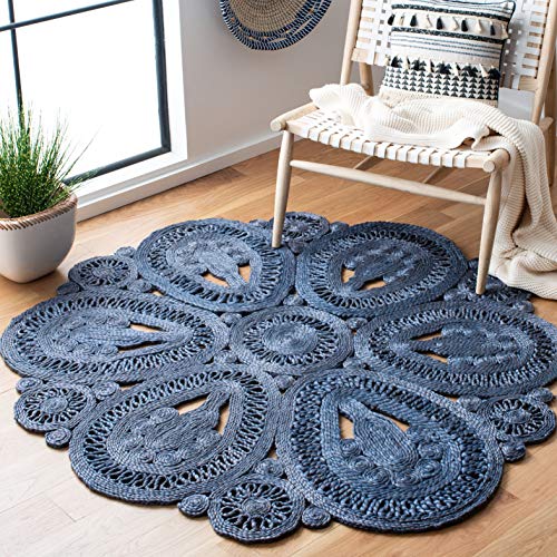 SAFAVIEH Area Rug 5' Round - Natural Fiber Collection - Navy, Handmade Jute, Decorative Boho Floral Design (NF360N) - color: Navy, size: 5' (Round)