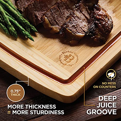 Bamboo Cutting Boards for Kitchen Set of 2 - Large Bamboo Cutting Board 18 x 13 Inch, Non Toxic Wooden Cutting Board with Juice Groove + Handle, Reversible Butcher Block Chopping Boards by Bambusi - size: 2-Piece (Two-Tone)