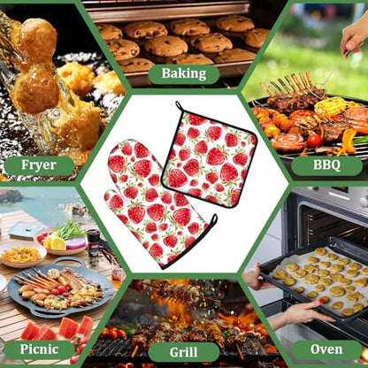 Watercolor Strawberry Oven Mitts and Pot Holders Set 4 Pcs Extra Long Heat Resistant Gloves Potholder for Baking, BBQ, Grilling - color: Watercolor Strawberry