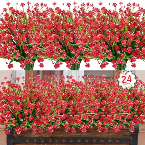 24 Bundles Artificial Flowers for Outdoors Decorations, Red | Fake plants, plastic flowers, faux greenery stems, UV resistant, for indoor garden patio window box kitchen home decor - color: Red, size: 24 Packs