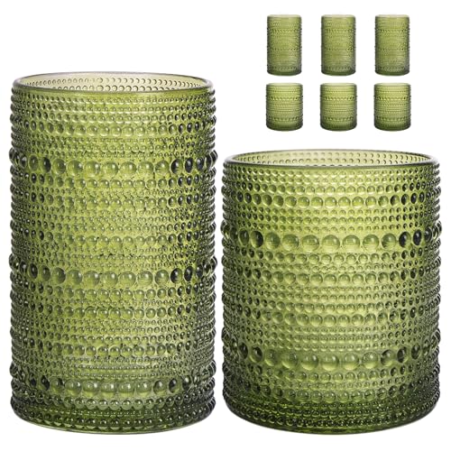 Moretoes Green Hobnail Drinking Glasses Set of 6,Glass Cups | 12 Oz Highball Glasses & 10 Oz Cocktail Glasses, Kitchen Bar Tumbler Glassware Set for Whiskey, Beer, Juice, Milk - color: Green, size: 6pcs
