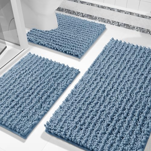 Yimobra Bathroom Rug Set 3 Piece - Super Absorbent Quick Dry Chenille Bath Mats & Toilet Rug, Non Slip Machine Washable, Extra Thick Shaggy Floor Mat for Shower Tub Sink, Denim Blue - color: Denim Blue, size: 24"x20" + 30"x20"+ 44"x24"
