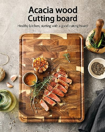 XINZUO Acacia Wood End Grain Cutting Board (13.8''L x 9.8''W x 1''T)-Wooden Chopping Board with Non-Slip Feet, Side Handles and Juice Groove - size: 13.8"L x 9.8"W