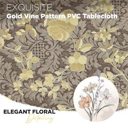 Rectangle Table Cloth Elegant Gold Vine Flower PVC Waterproof Spill-Proof Vinyl Fitted Microfiber Tablecloths Wipeable Washable Stain-Resistant Table Cover Dining Christmas (Antique Brass,54" X 78") - color: Antique Brass