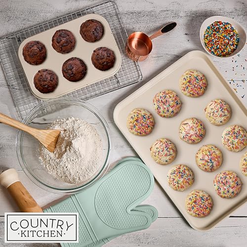 Country Kitchen Nonstick Stackable Bakeware Set - Deluxe Heavy Duty, Durable, Easy Release Baking Set, Sage, 13 Pcs with Handles