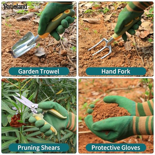 Green Garden Tool Set 4-Piece, Trowel, Fork, Pruning Shear&Gloves | Aluminum Gardening Hand Tools, Non-Slip Ergonomic Handles, for Digging Weeding, Gift for Women Men Gardener Plant Lovers - color: green-4pcs