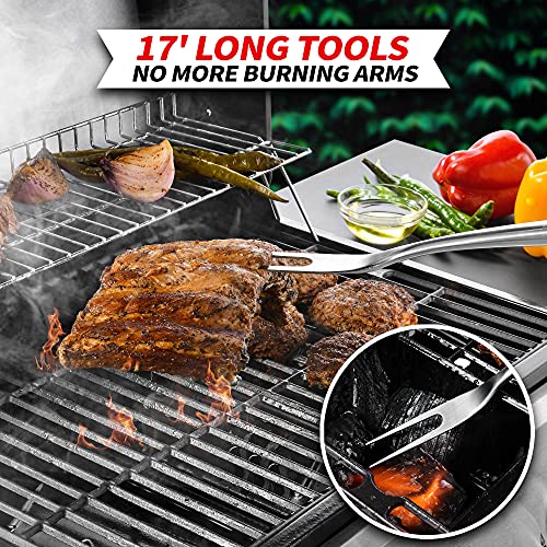 GRILAZ Heavy-Duty Rose Wooden BBQ Grilling Tools Set. Extra Thick Stainless Steel Multi-Function Spatula, Fork & Tongs | Essential Accessories for Barbecue & Grill. Ideal Gift for Father…