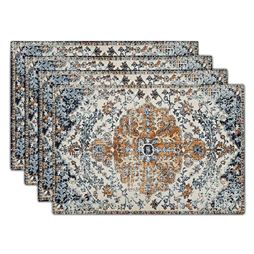 Brown Navy Blue Ethnic Boho Placemats Set of 4 Bohemian Carpet Vintage Gold Black Tan Floral Linen Washable Kitchen Dining Table Mats Stain Heat-Resistant Desktop Place for Home Party 12x18 in - color: Ethnic 1, size: 18x12 Inches