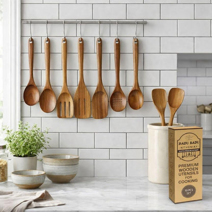 DADU BADU Teak Wooden Utensil Set of 10 – Non-Toxic Cooking Spoons & Spatulas for Nonstick Pans – Includes Pasta Spoon, Ladle, Skimmer – Premium Wood Kitchen Gift Set with Holder | Non-Toxic Cooking Spoons & Spatulas, for Nonstick Pans, Includes Pasta Spo