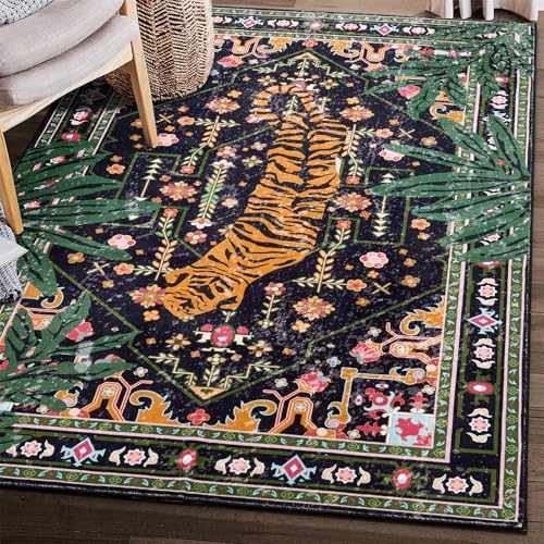 Oriental Tropical Indoor Door Mat Washable, Thin Black Boho Vintage Distressed Hippie 3x5 Throw Rugs for Bedroom Bathroom Kitchen Non-Slip Abstract Botanical Tribal Indian Entryway Carpet - color: Black, size: 3' x 5'