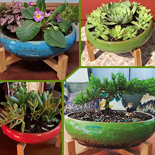 Succulent Pots, 10 Inch Large Succulent Planters with Stand - Ceramic Bonsai Pot with Drainage for Indoor Plants Cactus Flower Planter Pot Plus Succulent Planting Tools Set & 2.2lb Mix Pebbles - color: Blue With Mix Lava Rock Pebbles