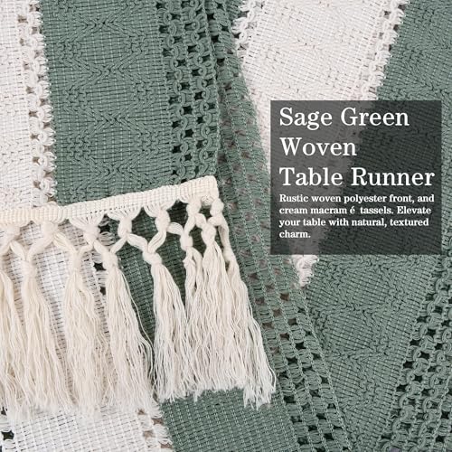 72" Sage Green Table Runner, Boho Woven Cotton with Tassels, Wedding - color: Sage Green, size: 72 inches