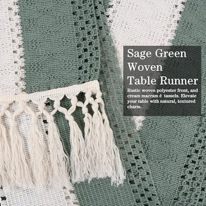72" Sage Green Table Runner, Boho Woven Cotton with Tassels, Wedding - color: Sage Green, size: 72 inches