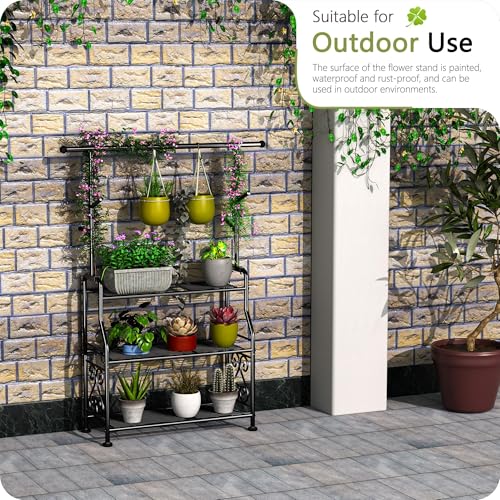 GIOTORENT Plant Stand Indoor, 3-Tier Heavy Duty Metal Shelf for Patio & Indoor, Tall Plant Holds 14+ Plants with 5 Hooks, Rust-Proof Plant Holder for Garden, Balcony, Living Room, Black - size: B-3Tier-Hanger
