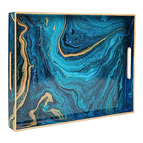Blue Serving Trays, Plastic Rectangular Serving Tray with Handles | Rectangle Coffee Table Trays, Modern Marbling Sticker Trays, Melamine Tray for Ottoman, Kitchen Countertop, 15.6” x 11.8” - color: Blue, size: 15.6" x 1.6" x 11.8"