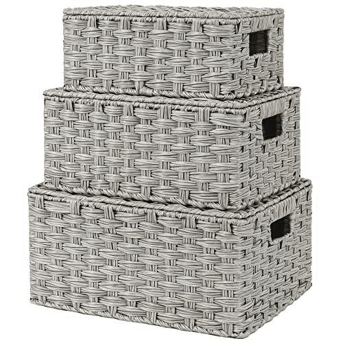 GRANNY SAYS Wicker Basket with Lid, Wicker Storage Baskets for Shelves | Woven Baskets with Lids, Wicker Baskets for Storage, Decorative Storage Boxes, Woven Stackable Basket with Lid, 3 Pack - color: Gray, size: 3 Pack