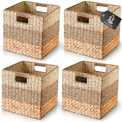11x11 Wicker Storage Cubes Storage Baskets For Shelves Set 4 | 10.5 x 10.5 Water Hyacinth Storage Baskets Woven With Seagrass, Palm Leaf. Foldable Square Baskets With Carry Handles - size: 10.5x10.5x10.5