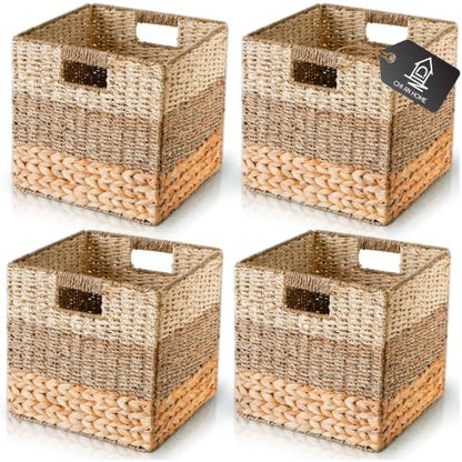 11x11 Wicker Storage Cubes Storage Baskets For Shelves Set 4 | 10.5 x 10.5 Water Hyacinth Storage Baskets Woven With Seagrass, Palm Leaf. Foldable Square Baskets With Carry Handles - size: 10.5x10.5x10.5