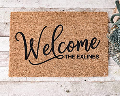 Personalized Welcome Coir Doormat – Custom Coconut Husk Door Mat | natural fiber, 3/4in thick, printed no decals, 18x30 or 24x36, covered porch entryway, wedding housewarming gift - size: 18"x 30"