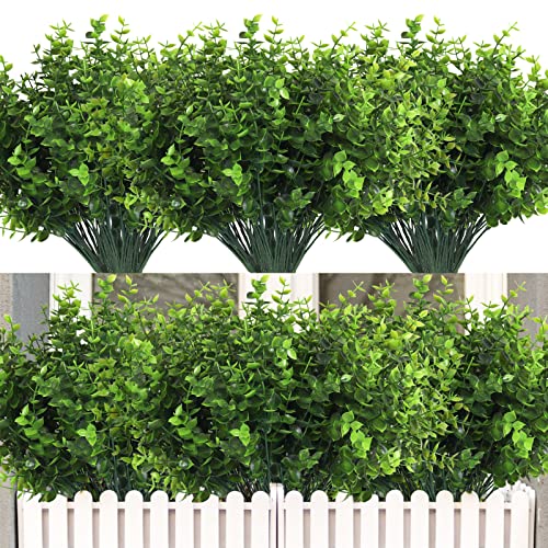 RECUTMS Artificial Boxwood Stems Fake Eucalyptus Plants UV Resistant 12Pcs | Faux Flowers for Outdoor Planters Faux Spring Greenery Shrubs,Brighten up Wedding Home Kitchen Garden Patio Yard Indoor Decor - color: Eucalyptus, size: 12 Pcs