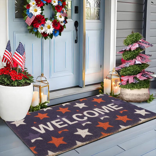 America-Memorial-Day-Door-Mat-for-Front-Entrance-4th-of-July-Red-Blue-Stars-Welcome-Mat-Non-Slip-American-Coir-Doormat for Home-Porch-Entry-Decor (17 x 30 in) - color: Star