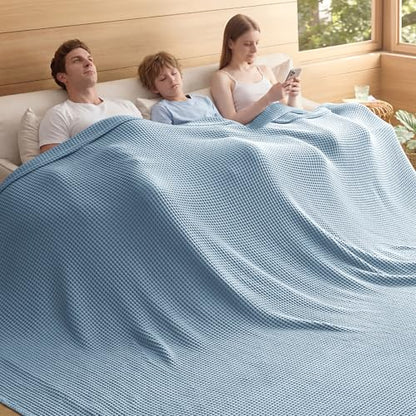 Bedsure Lightweight 100% Cotton Waffle Blanket, 120x94, Celestial Blue | Summer, Breathable, Soft, Comfort, Light, Thin, Textured, Bed, Couch, Sofa, Chair, Oversized King, Sheet Blanket, Cozy Gifts - color: Celestial Blue, size: Oversized King (120" X 94"
